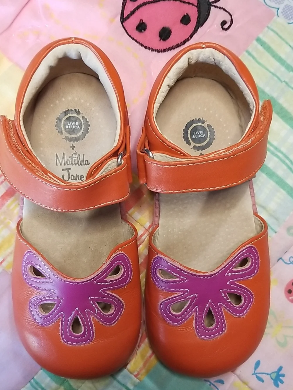 Matilda Jane Livie Luca Orange Leather Mary Jane w/Purple Flower Size 12 Petals